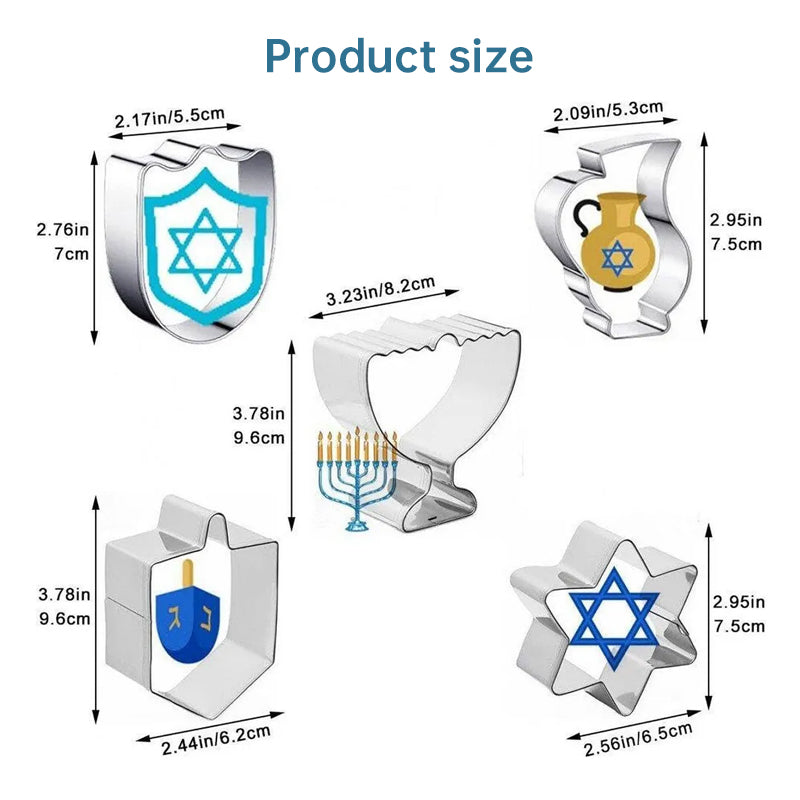 Hanukkah Cookie Cutter Set - 5 Piece Stainless Steel Dreidel, Torah, and Menorah Cookie Molds