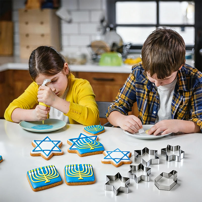 Hanukkah Cookie Cutter Set - 5 Piece Stainless Steel Dreidel, Torah, and Menorah Cookie Molds