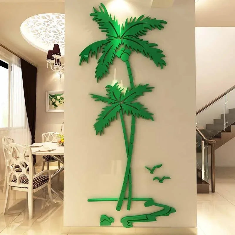 3D Coconut Tree Acrylic Mirror Wall Sticker for Children's Room, Dining Room, Living Room, DIY TV Wall Background Home Decoration
