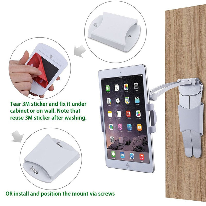 Kitchen Tablet Stand Wall Desk Tablet Mount Stand Fit For 5-10.5 inch Width Tablet Metal Bracket Smartphones Holders