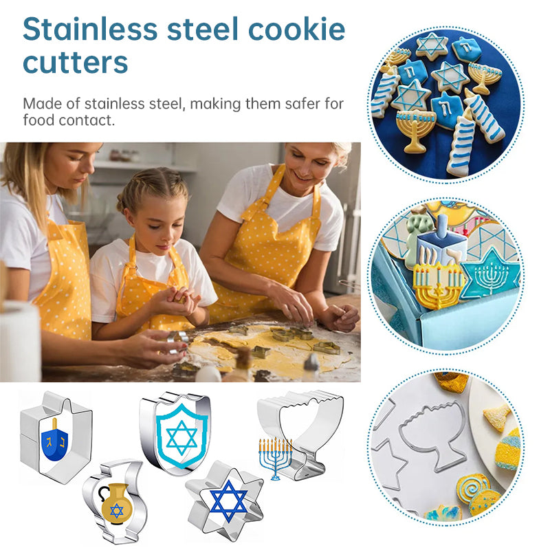 Hanukkah Cookie Cutter Set - 5 Piece Stainless Steel Dreidel, Torah, and Menorah Cookie Molds