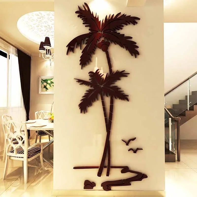 3D Coconut Tree Acrylic Mirror Wall Sticker for Children's Room, Dining Room, Living Room, DIY TV Wall Background Home Decoration