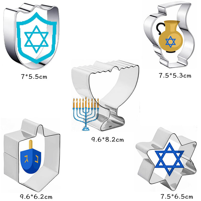 Hanukkah Cookie Cutter Set - 5 Piece Stainless Steel Dreidel, Torah, and Menorah Cookie Molds